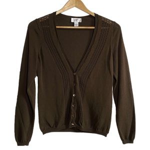 LOFT | Brown Button Front Crochet Detail V-Neck Cardigan Lightweight Sweater